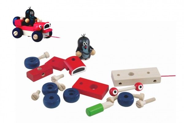 Dřevěné hračky Krtek a mrkací auto dřevo tahací 14cm v krabičce Detoa