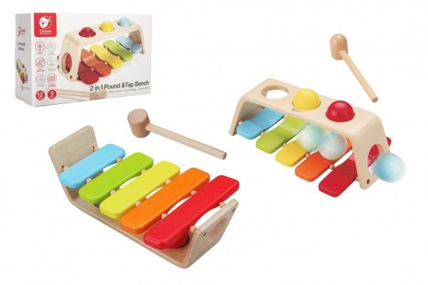 Dřevěné hračky Zatloukačka/Xylofon 2v1 dřevo 29x18cm s kladívkem s koulemi v krabici 30x19x11cm 12m+ Teddies