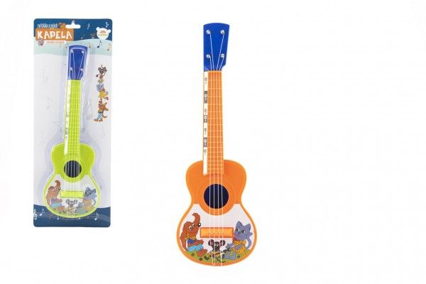 Dřevěné hračky Ukulele/kytara plast 40cm s trsátkem Zvířátka a jejich kapela 2 barvy na kartě Teddies