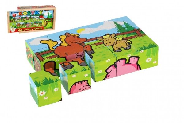 Dřevěné hračky Kostky kubus Moje první zvířátka dřevo 15ks v dřevěné krabičce 20x13x5,2cm od 12 měsíců MPZ Teddies