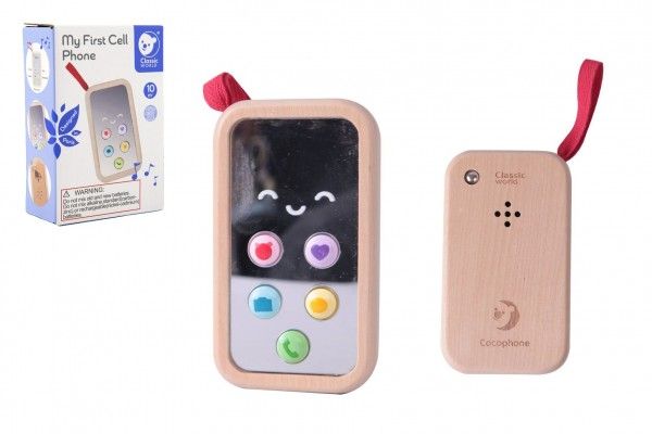 Dřevěné hračky Telefon Mobil dřevo 11cm na baterie se zvukem v krabičce 8x12x4cm 10m+ Teddies