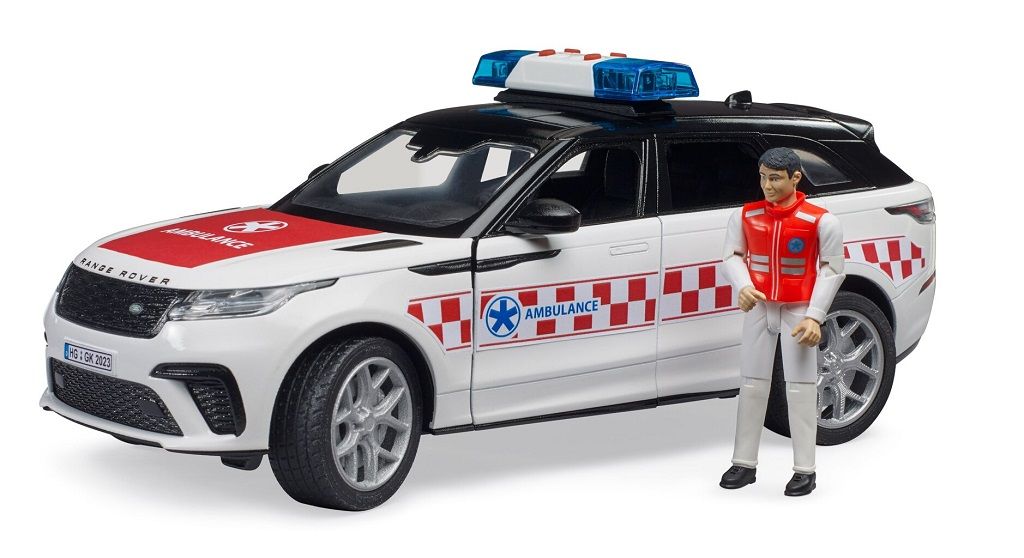 Dřevěné hračky Bruder Záchranné zdravotnické vozidlo Range Rover Velar s řidičem