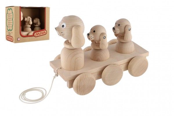 Dřevěné hračky Tři psi tahací přírodní dřevo 22cm v krabici 22x18x12cm Teddies
