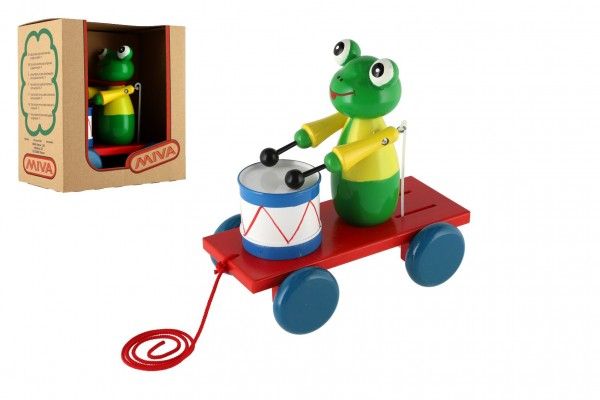 Dřevěné hračky Žába s bubnem barevná dřevo tahací 19cm v krabici 20x21x12cm Teddies