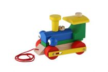 Dřevěné hračky Mrkací mašinka/vlak dřevo tahací v krabičce 14,5x11x9cm Detoa