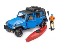 Dřevěné hračky Bruder Jeep Wrangler Rubicon s kajakem a figurkou 1:16