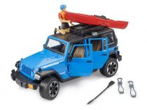 Dřevěné hračky Bruder Jeep Wrangler Rubicon s kajakem a figurkou 1:16