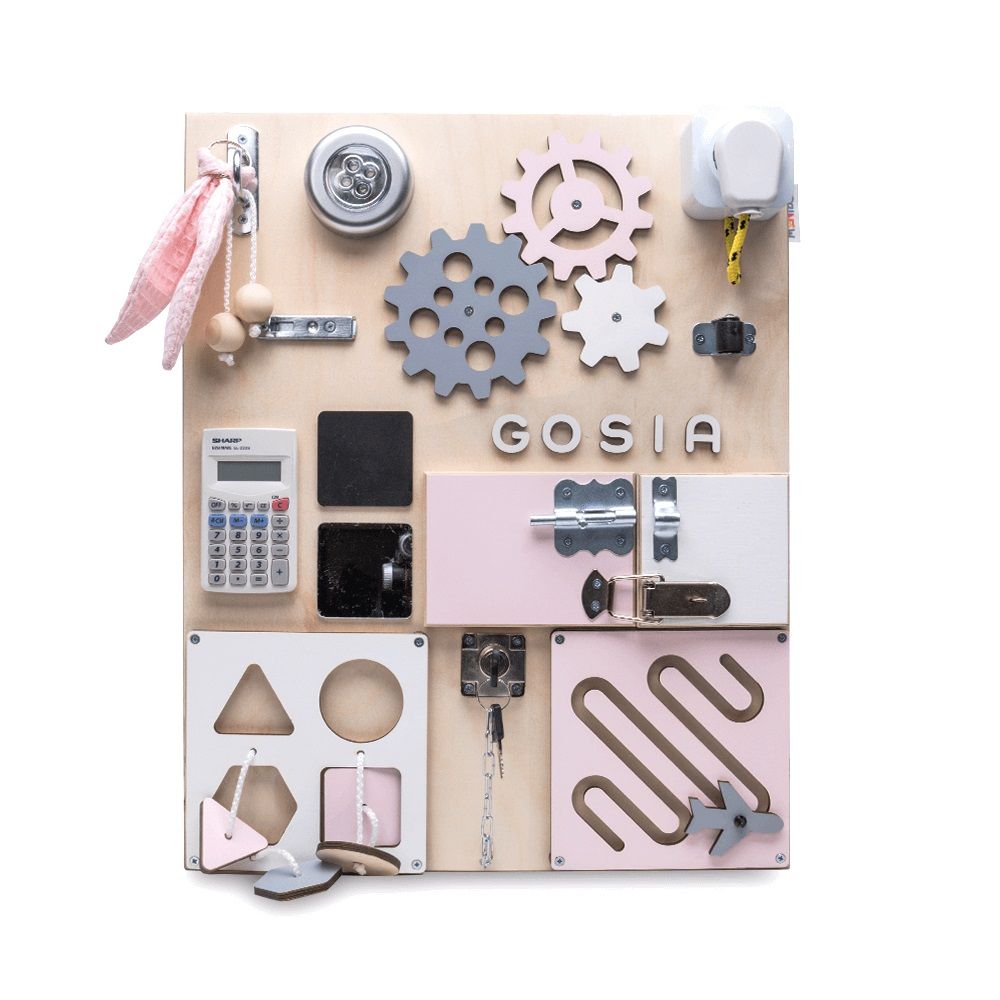 Dřevěné hračky Manibox Senzorická deska Activity board Gosia - růžová