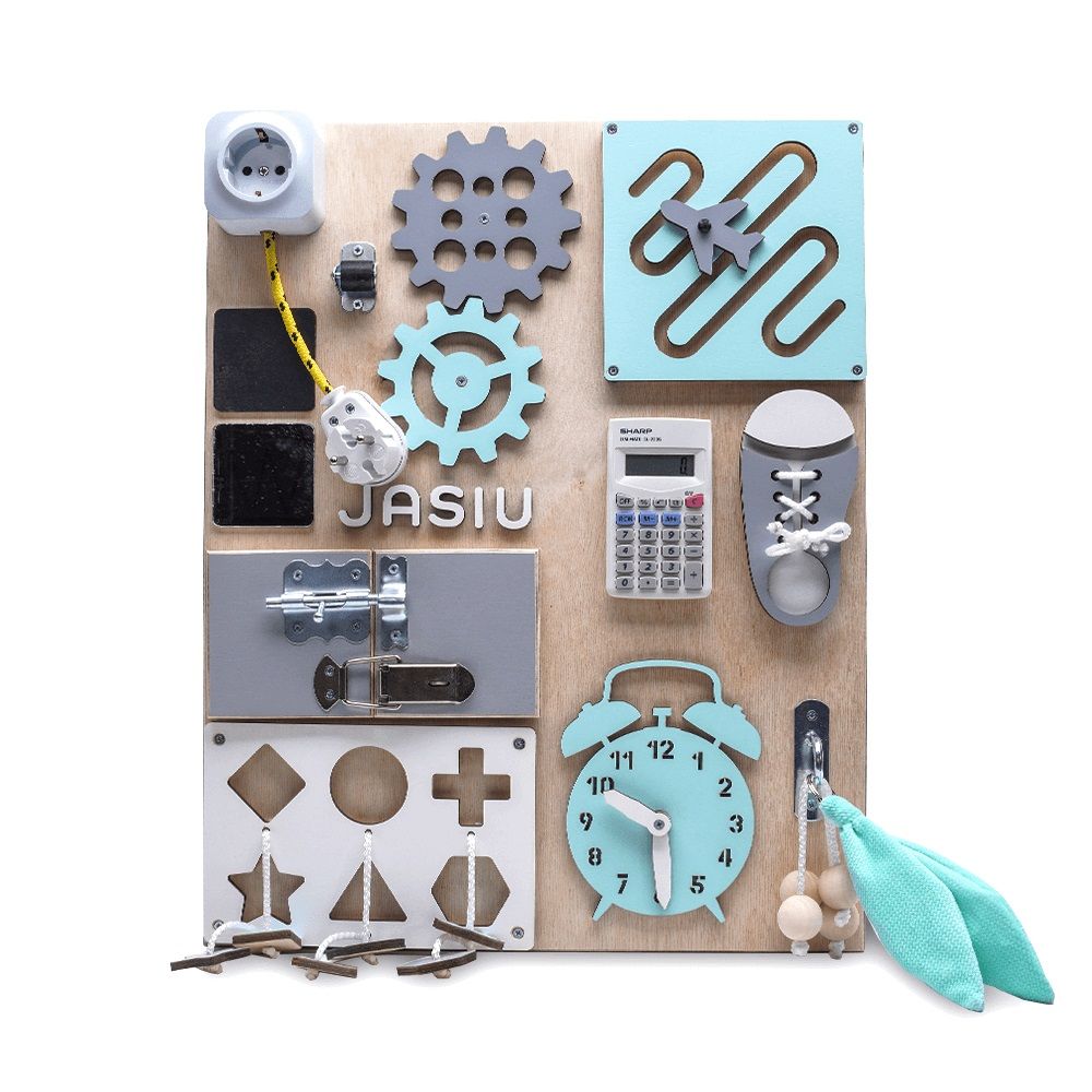 Dřevěné hračky Manibox Senzorická deska Activity board Jasiu - tyrkysová