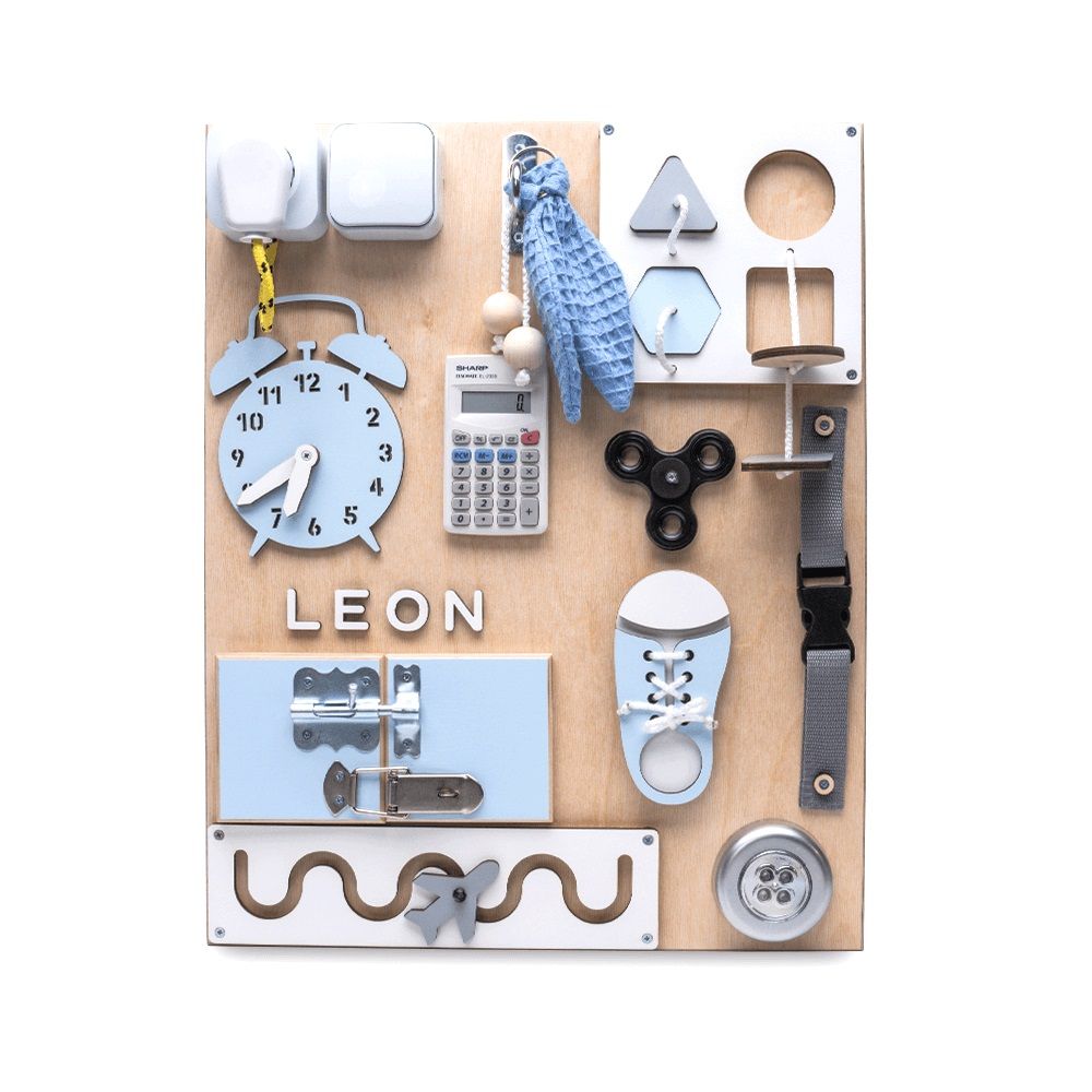 Dřevěné hračky Manibox Senzorická deska Activity board Leon - modrá