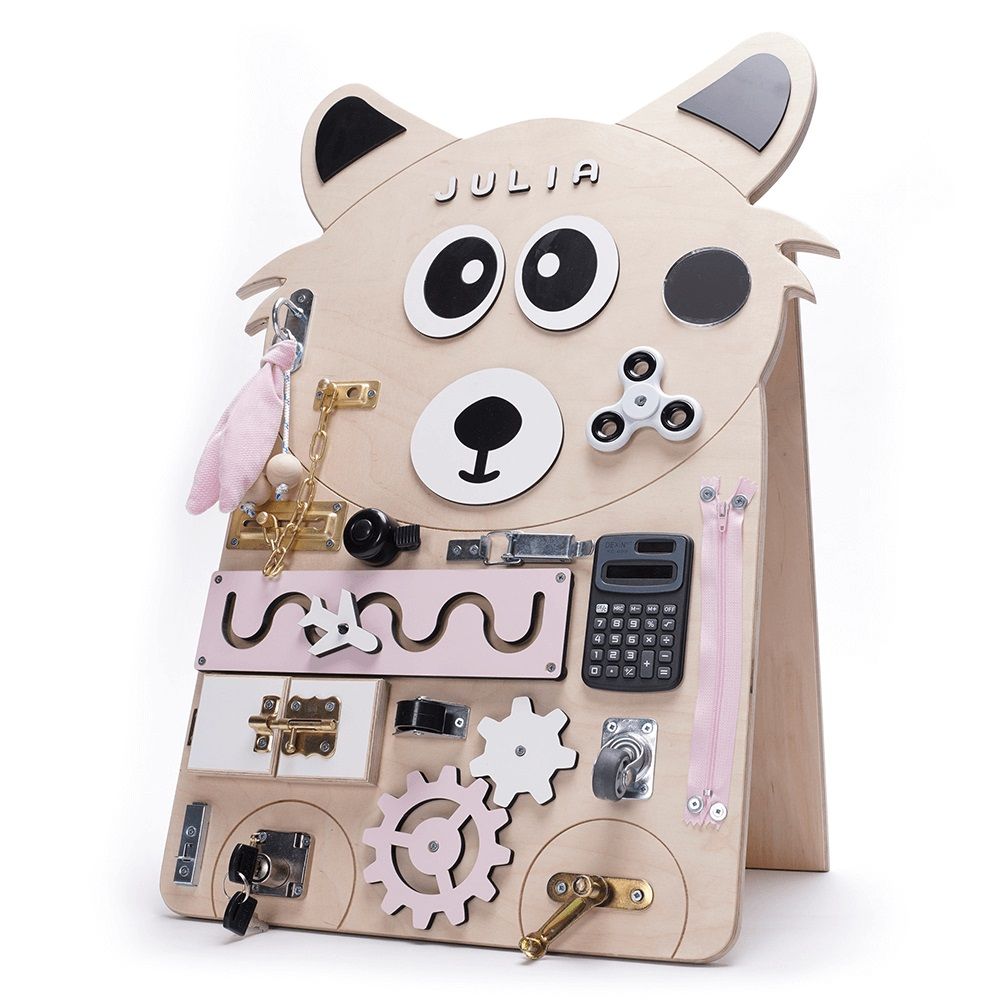 Dřevěné hračky Manibox Senzorická deska Activity board liška Julia - růžová