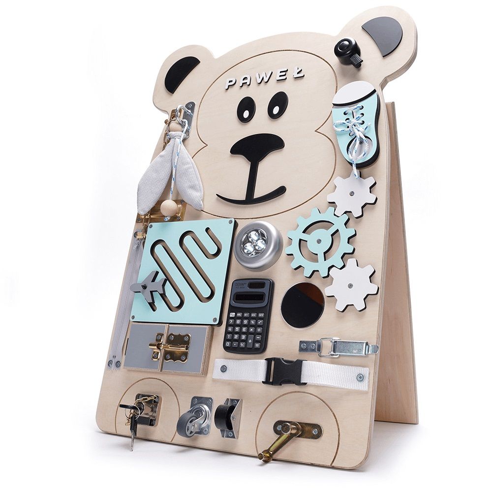 Dřevěné hračky Manibox Senzorická deska Activity board opice Pawel - tyrkysová