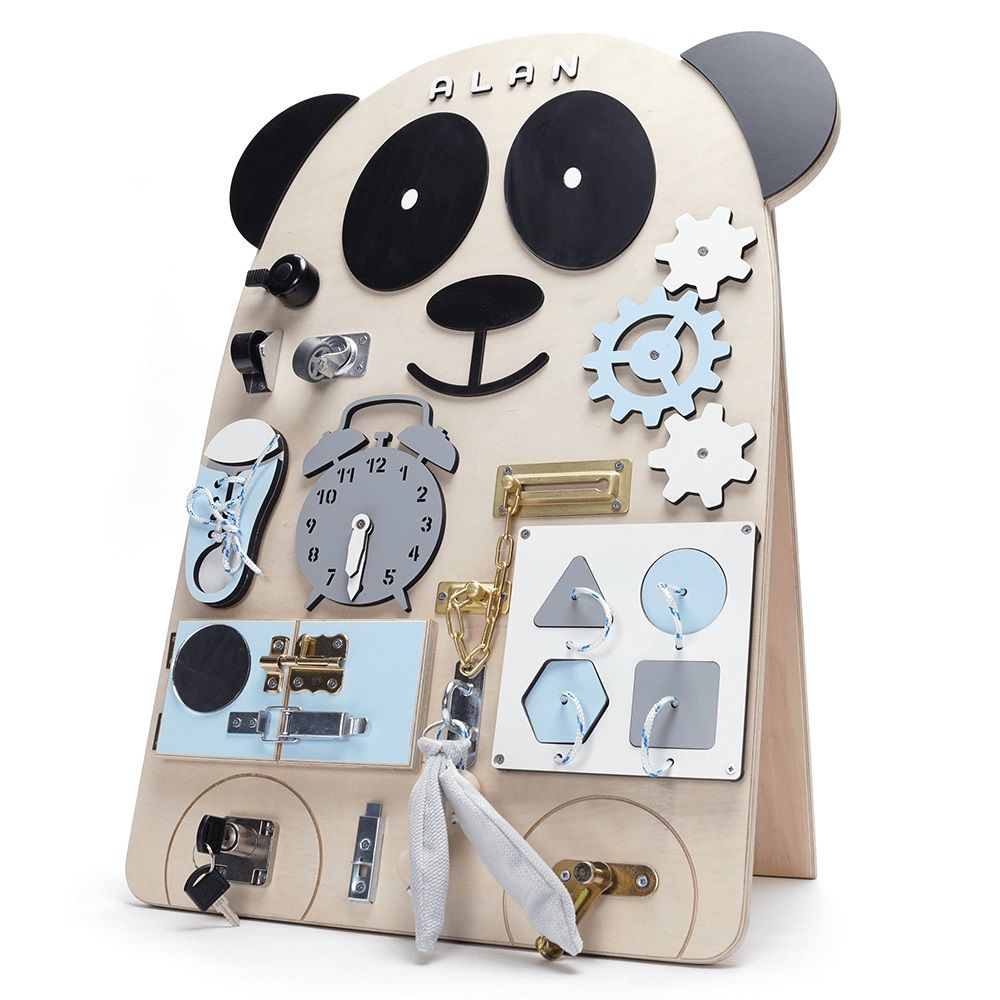 Dřevěné hračky Manibox Senzorická deska Activity board panda Alan modrá