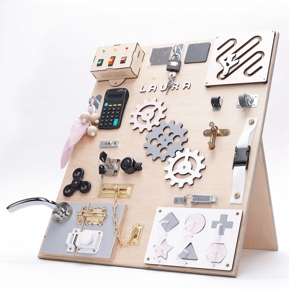 Dřevěné hračky Manibox Senzorická deska Activity board s diodami - velká růžová