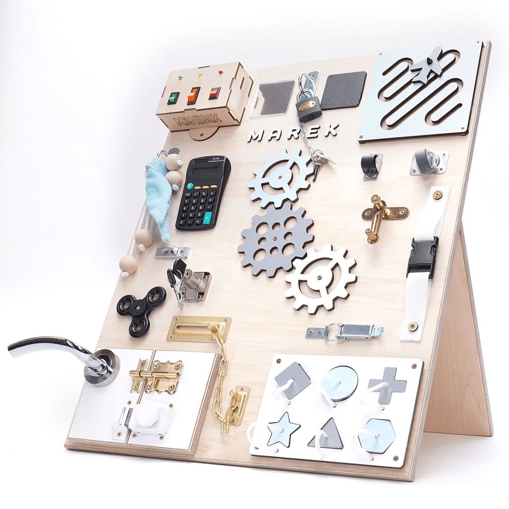 Dřevěné hračky Manibox Senzorická deska Activity board s diodami - velká modrá