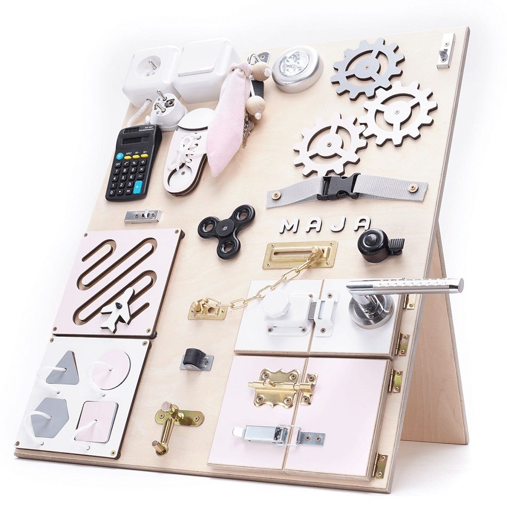 Dřevěné hračky Manibox Senzorická deska Activity board s dvěma dveřmi - velká růžová