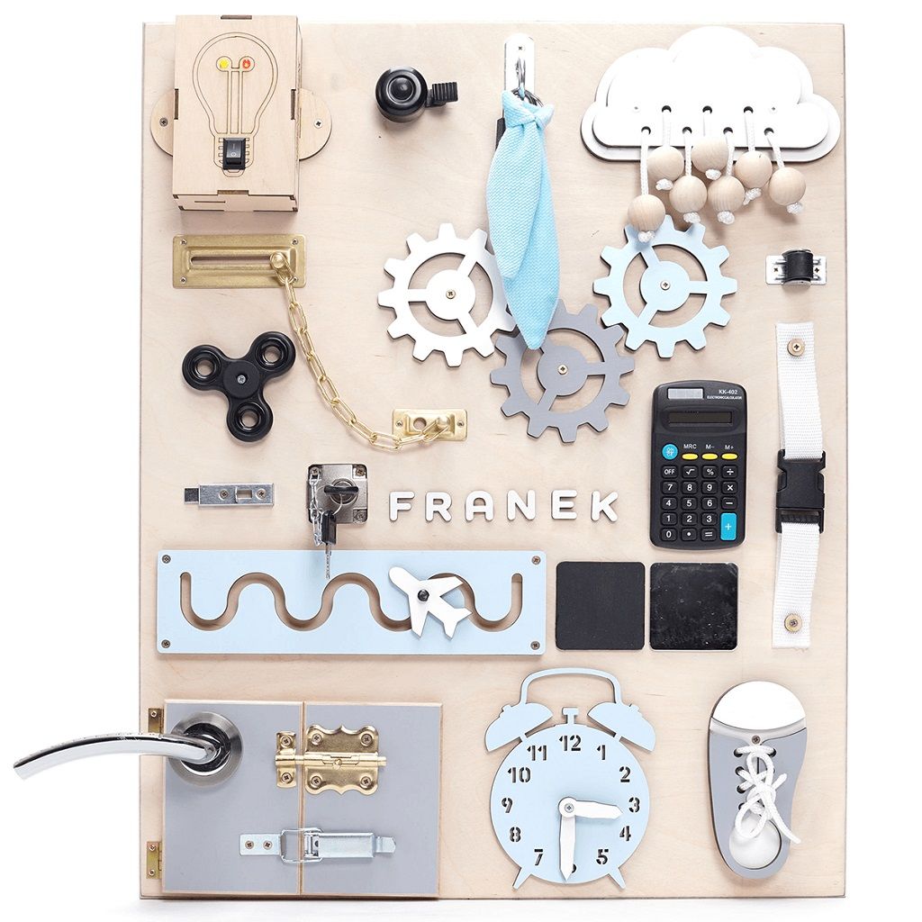 Dřevěné hračky Manibox Senzorická deska Activity board se žárovkou - velká modrá