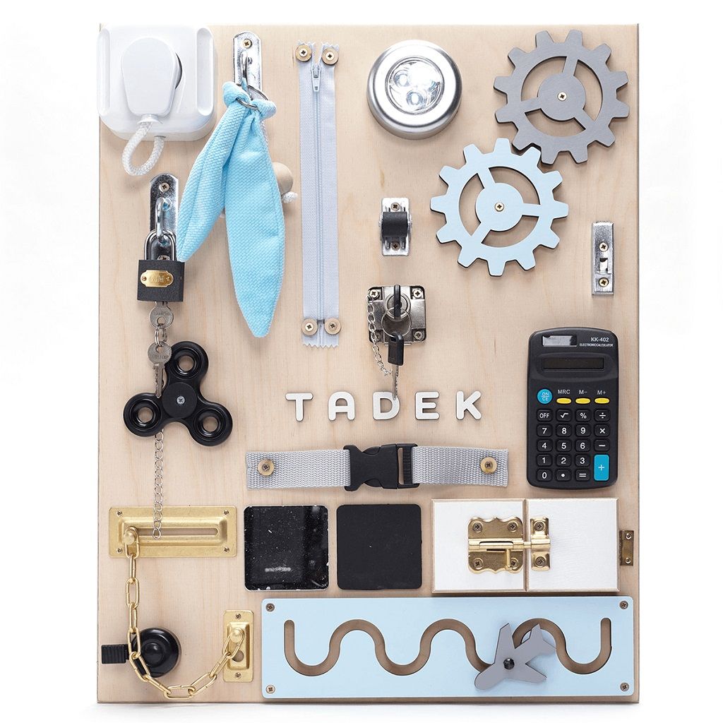 Dřevěné hračky Manibox Senzorická deska Activity board se zásuvkou- střední modrá