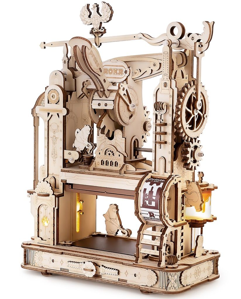 Dřevěné hračky RoboTime 3D dřevěné mechanické puzzle Tiskařský lis