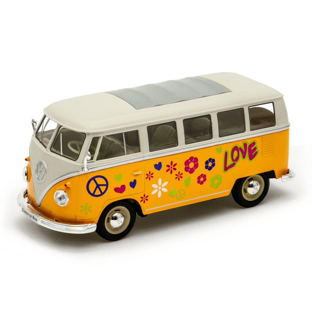 Dřevěné hračky Welly Volkswagen T1 Bus (1963) 1:24 Love & Peace oranžový