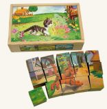 Dřevěné hračky Bino Dřevěné obrázkové kostky domácí zvířátka 15 dílů