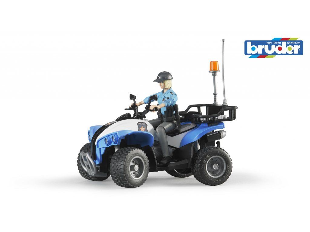 Dřevěné hračky Bruder BWORLD modrá čtyřkolka policie s figurkou