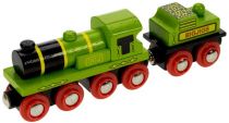 Dřevěné hračky Bigjigs Rail Zelená lokomotiva s tendrem + 3 koleje
