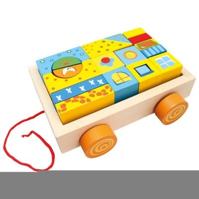Dřevěné hračky Bino Dřevěný vozík s kostkami 19 dílů